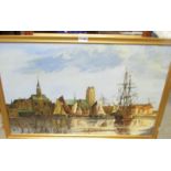 An oil on board harbour scene initialled A.L.