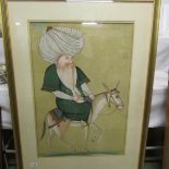 A framed and glazed study of a Middle Eastern man riding a pony on silk.