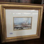 20th century marine watercolour of an estuary scene with boats and martello towers,