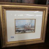 20th century marine watercolour of an estuary scene with boats and martello towers,