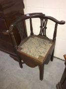 A Victorian oak corner chair commode