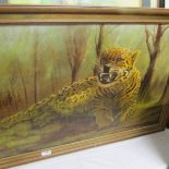 A framed oil on canvas of a leopard signed F Semmens-Elwick.