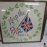 A 1940s Irish linen painting of a laurel leaf surrounding the British flag - 'Keep Flying',