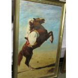 A large oil painting on board of an Arab on a rearing stallion, signed F Semmens, '76.