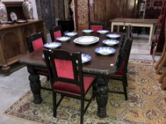 A carved oak dining extending table with 2 leaves and 6 chairs ****Condition report****