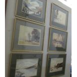 6 landscape watercolours in matching frames, image 35 x 25 cm.