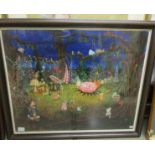 A framed and glazed watercolour of animal in a fairy glade signed F Semmens.