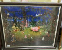 A framed and glazed watercolour of animal in a fairy glade signed F Semmens.