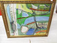 An abstract coastal landscape with vessels near estuary inlet in acrylic and chalk on board,