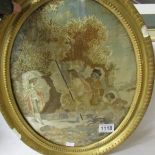 A gilt framed silk tapestry of a scene from Shakespeare's Cymbeline with a quotation label verso