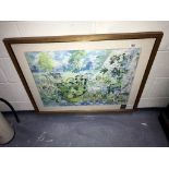 A framed and glazed watercolour of a garden