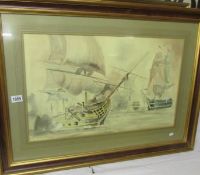 A watercolour of a nautical battle scene signed George M Kehew, framed and glazed.