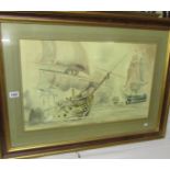 A watercolour of a nautical battle scene signed George M Kehew, framed and glazed.