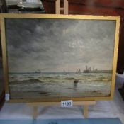 An oil on board painting of a coastal scene featuring pier, lighthouse and ships,