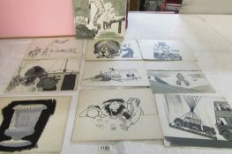 10 unframed cartoon drawings by Peter Andrews, one signed, including 1942 Hirohito caracature..