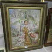 Mid-20th century oil on canvas French school painting of mother and child in park.