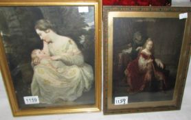 2 framed prints of Georgian women - one being waited on with Dublin framers label verso,