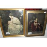 2 framed prints of Georgian women - one being waited on with Dublin framers label verso,