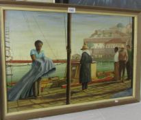 A oil on canvas harbour scene signed Fiona Elwick, 1981-87, framed.