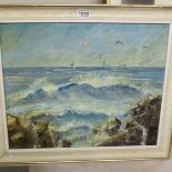 Marion Abernethy (Irish 20th Century) framed oil on board coastal scene with gulls fishing, signed,