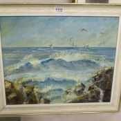 Marion Abernethy (Irish 20th Century) framed oil on board coastal scene with gulls fishing, signed,