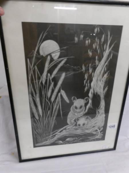 A framed and glazed print of field mice by Marjorie Chadwick Harris, 1973. Image 29 x 43 cm.