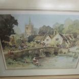 Eric Sturgeon signed print of a Cotswold village scene with children fishing, signed below mount,