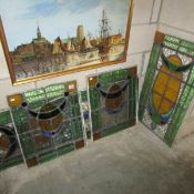 6 stained leaded glass window panels with one split in two parts (recovered from a house in Mill