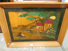 A 20th century marquetry inlaid rectangular landscape panel depicting a Japanese garden and cottage