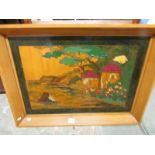 A 20th century marquetry inlaid rectangular landscape panel depicting a Japanese garden and cottage