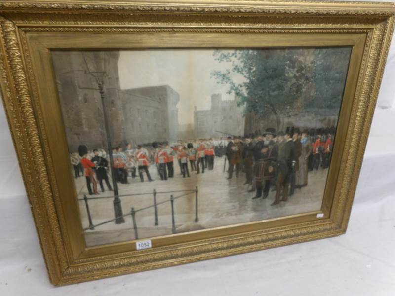 A print depicting a parade outside the Tower of London marked 'Facsimile D'apres, Edouard Detaille,