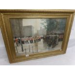 A print depicting a parade outside the Tower of London marked 'Facsimile D'apres, Edouard Detaille,
