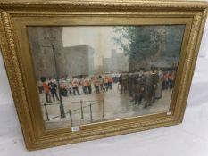 A print depicting a parade outside the Tower of London marked 'Facsimile D'apres, Edouard Detaille,