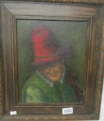 An oak framed oil on board painting entitled 'The Jester'.