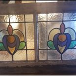 3 framed pairs of leaded stained glass windows featuring 6 colours including purple, circa 1920's,