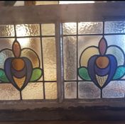3 framed pairs of leaded stained glass windows featuring 6 colours including purple, circa 1920's,