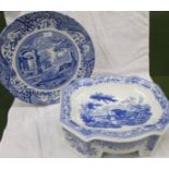 A Spode blue and white 'Aesop's Fables' bowl and a Spode Italian cake stand.