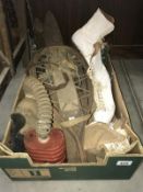 A pair of vintage ice skate, snow shoes & Military gas mask etc.