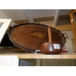 An oval mahogany inlaid tray and one other item.