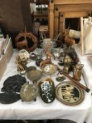 A quantity of metal and wooden items including dishes/figures etc.