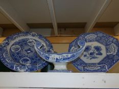 A Spode blue and white dish together with 2 Spode blue and white chargers.