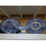 A Spode blue and white dish together with 2 Spode blue and white chargers.