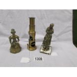 2 brass figures and a brass microscope.