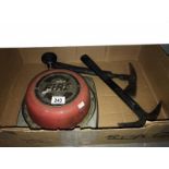 A Scottish precision castings wall mounted fire alarm bell and 2 fireman's axes