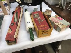 A nut brown rolling pin & other kitchenalia including Tala & Spong