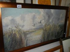 A Peter Scott (1909-1989) original oil painting on board 'Mallard Over The Marsh', signed.