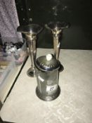 Pair of silver plated vases and a Coronation tea caddy