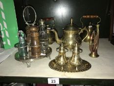 Cruet items, 2 brass teapots, miniature copper bugle etc.