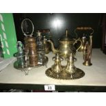 Cruet items, 2 brass teapots, miniature copper bugle etc.