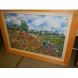 An impressionist oil painting in the style of Claude Monet of a lady walking through a flower field,